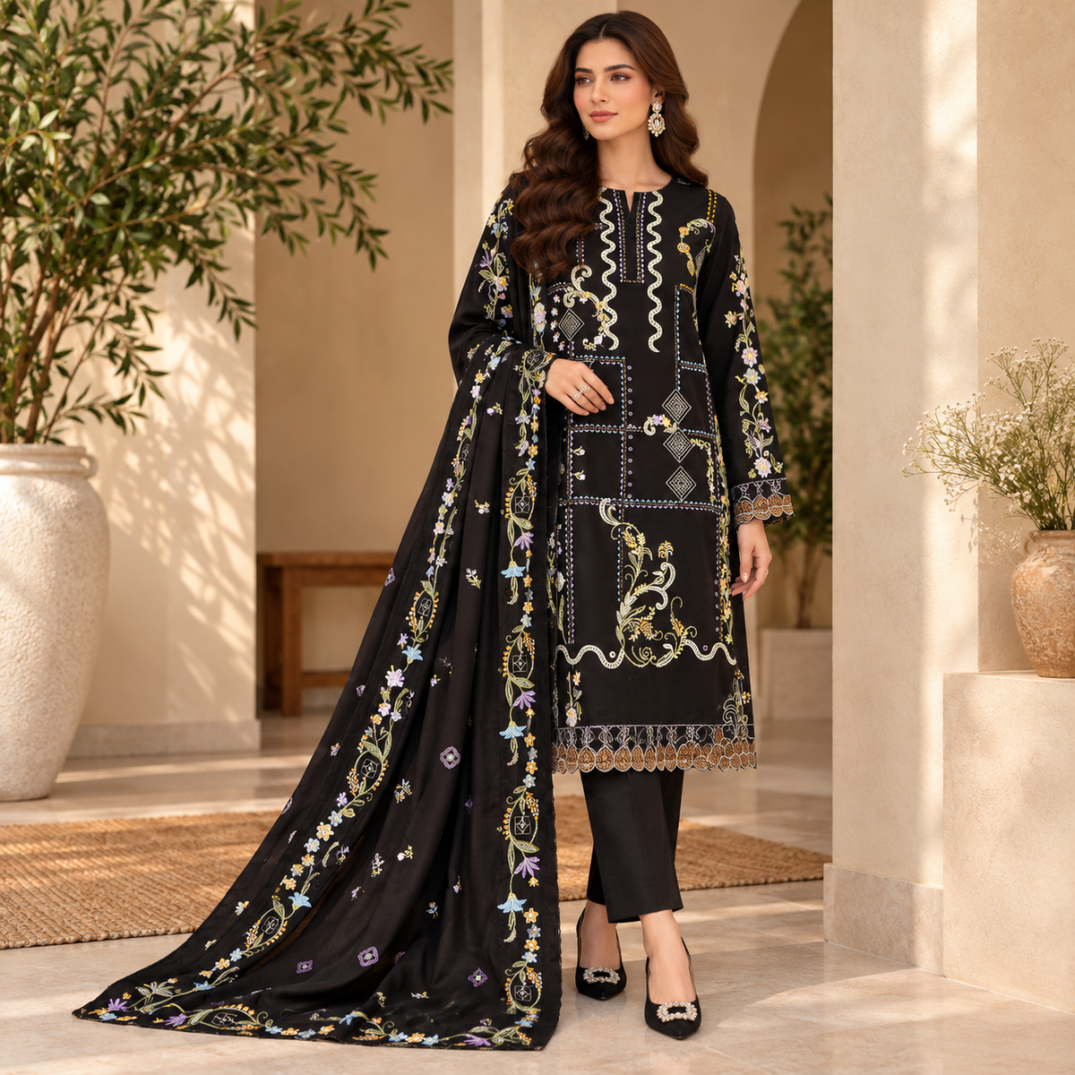 Black Embroidered 3-Piece Unstitched Suit – Elegant Winter Collection