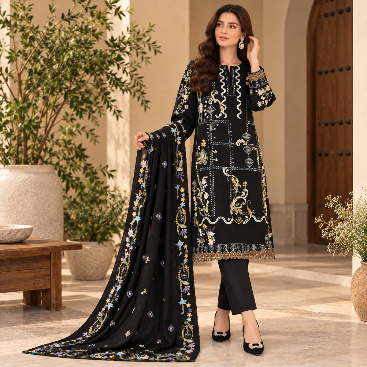Black Embroidered 3-Piece Unstitched Suit – Elegant Winter Collection