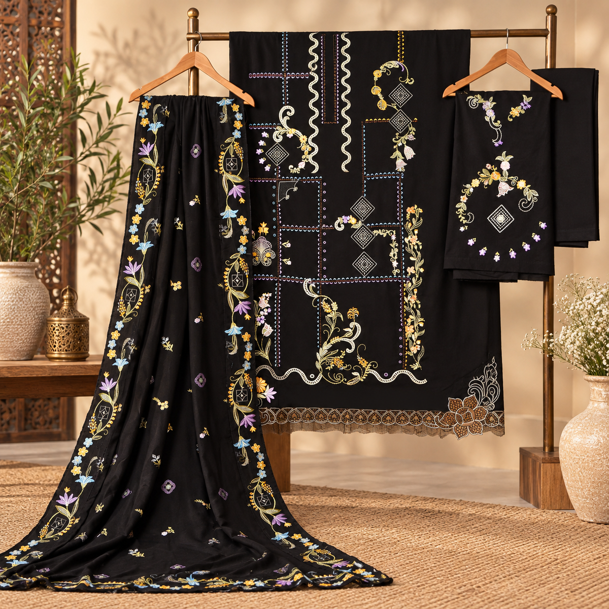 Black Embroidered 3-Piece Unstitched Suit – Elegant Winter Collection