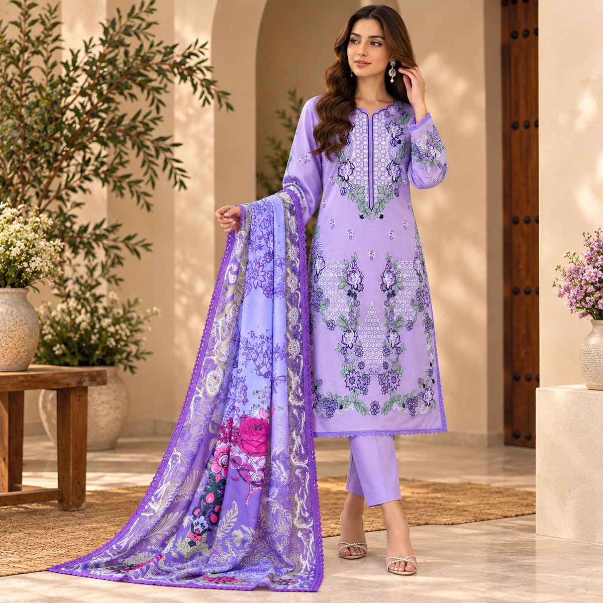 Lavender Floral Embroidered 3-Piece Unstitched Suit – Winter Collection