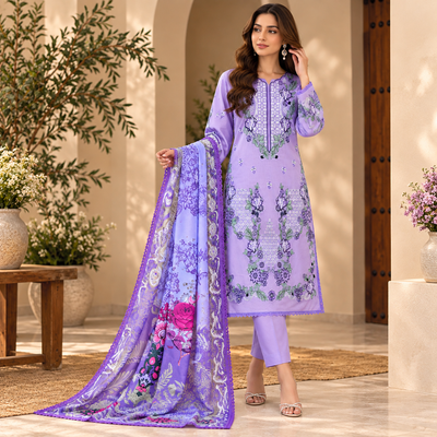 Lavender Floral Embroidered 3-Piece Unstitched Suit – Winter Collection