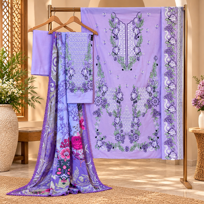 Lavender Floral Embroidered 3-Piece Unstitched Suit – Winter Collection