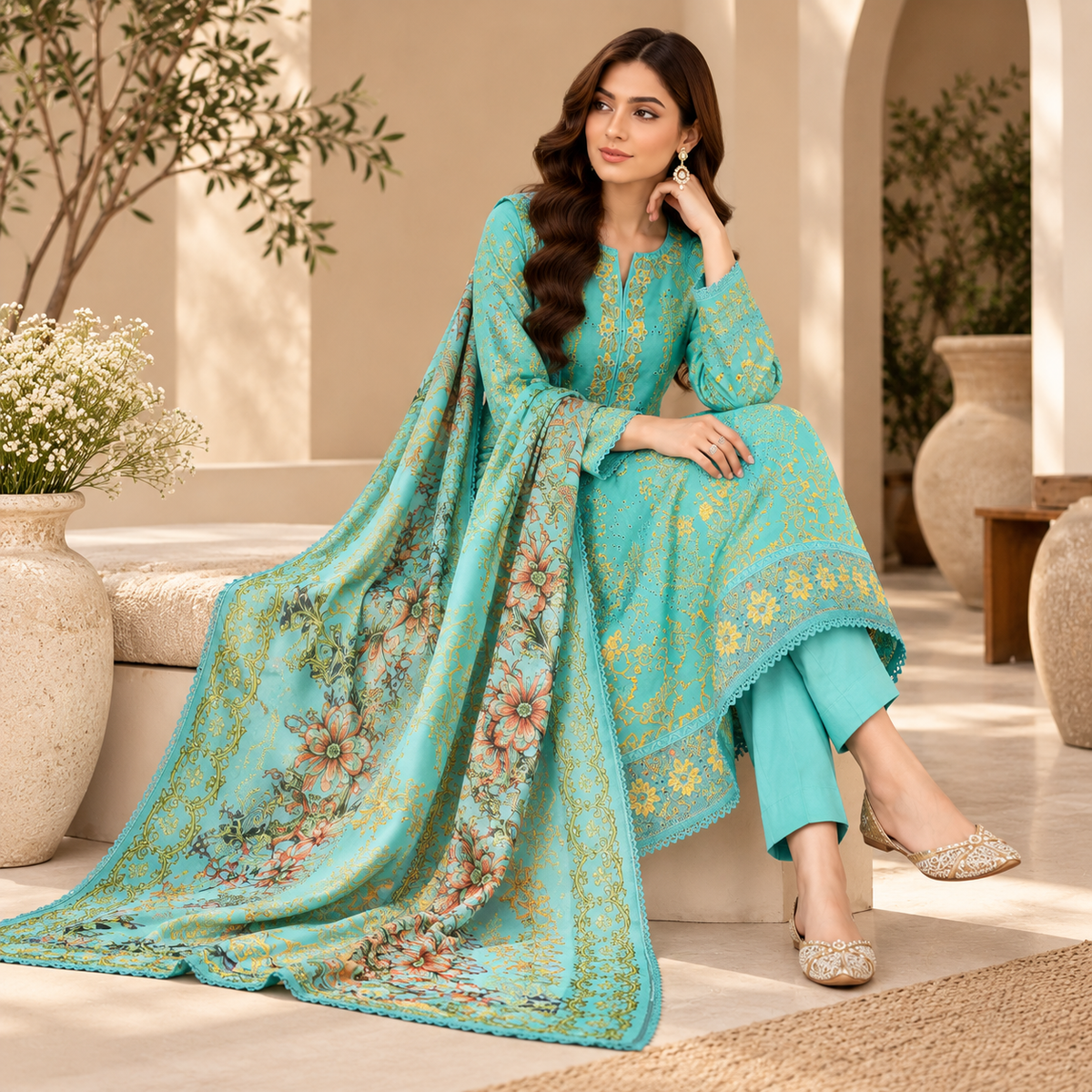 Premium Embroidered 3-Piece UnStitched Suit | Turquoise Blue