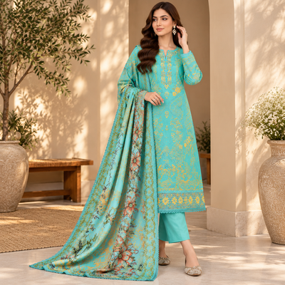 Premium Embroidered 3-Piece UnStitched Suit | Turquoise Blue