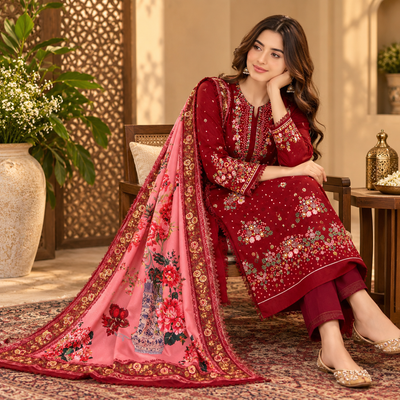Burgundy Floral Embroidered 3-Piece Unstitched Suit – Winter Collection