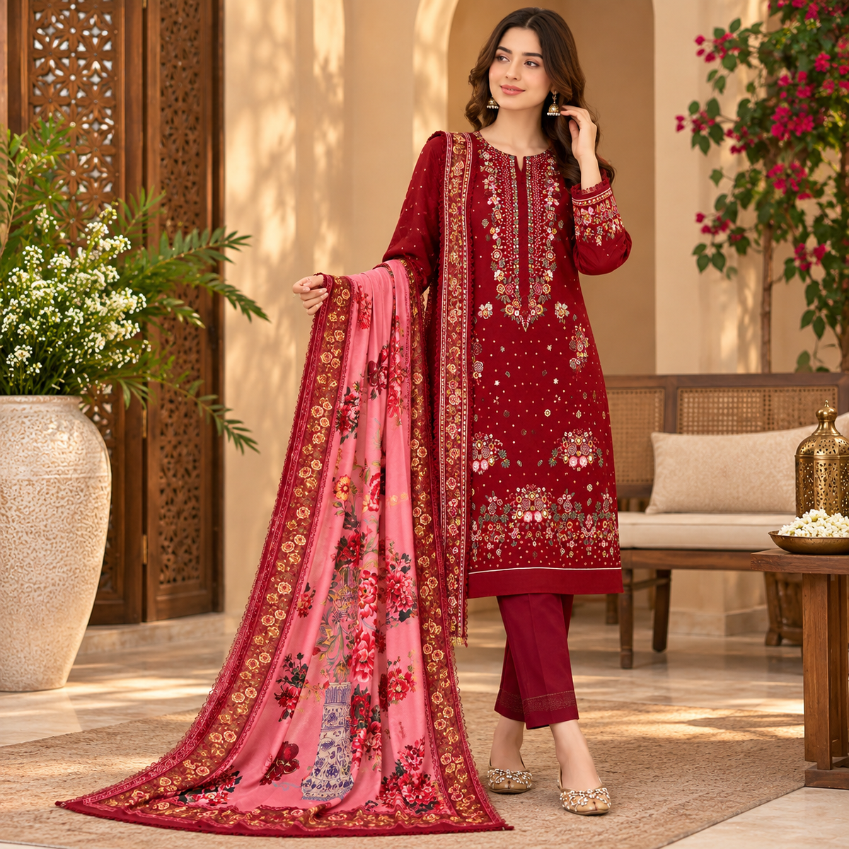 Burgundy Floral Embroidered 3-Piece Unstitched Suit – Winter Collection
