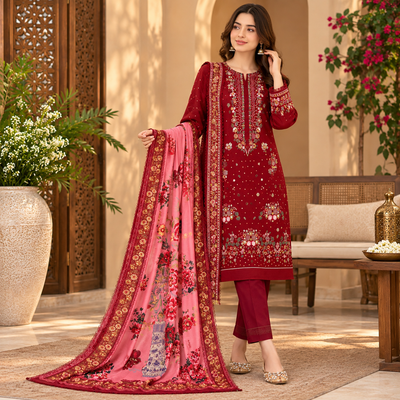 Burgundy Floral Embroidered 3-Piece Unstitched Suit – Winter Collection