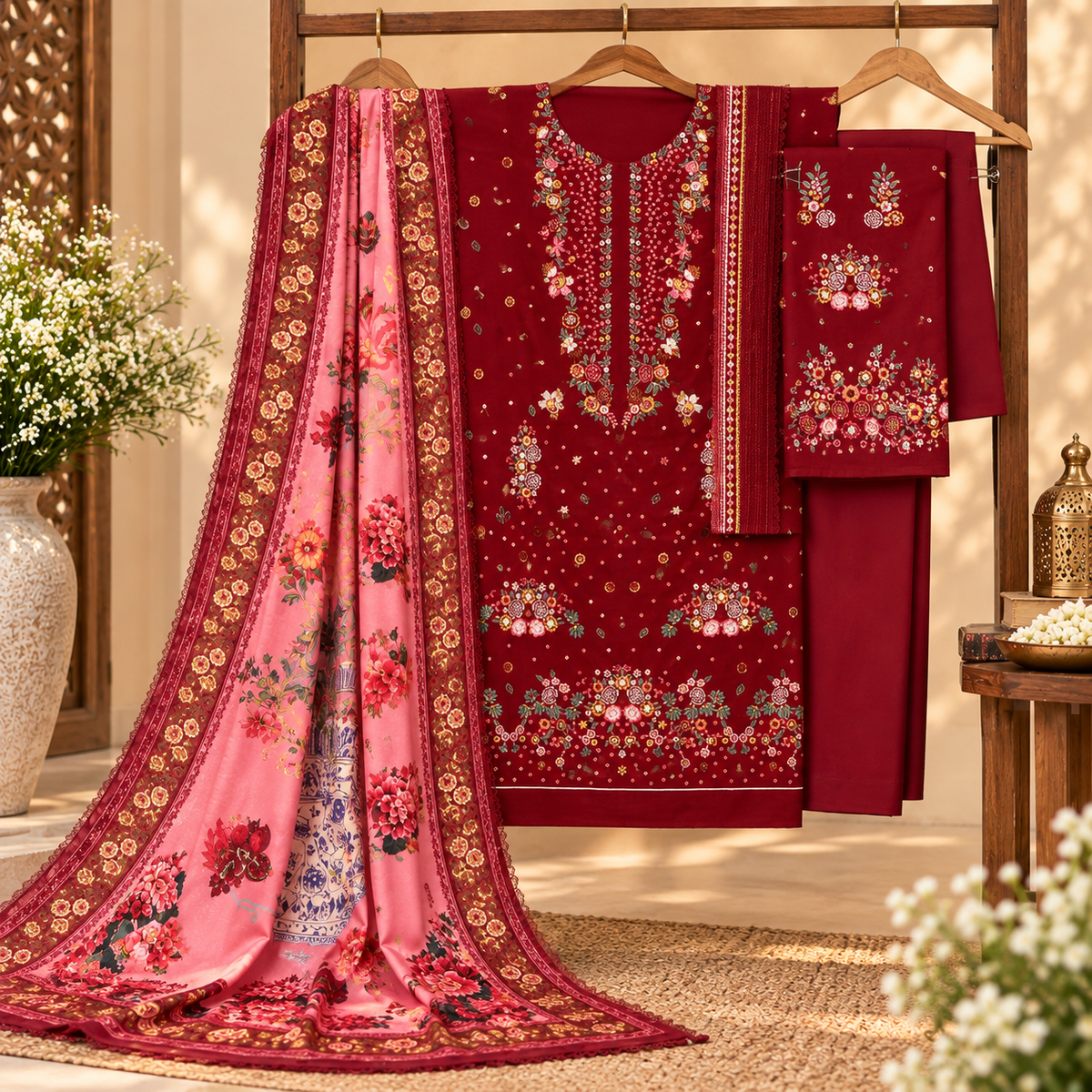 Burgundy Floral Embroidered 3-Piece Unstitched Suit – Winter Collection