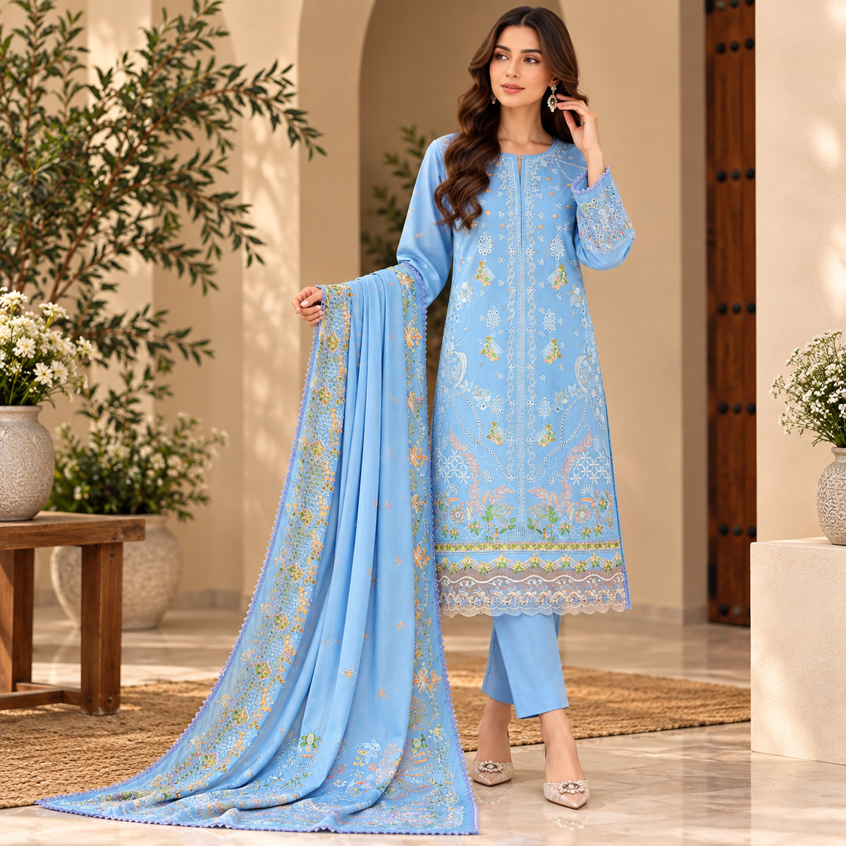 Sky Blue Embroidered 3-Piece Unstitched Suit – Winter Collection