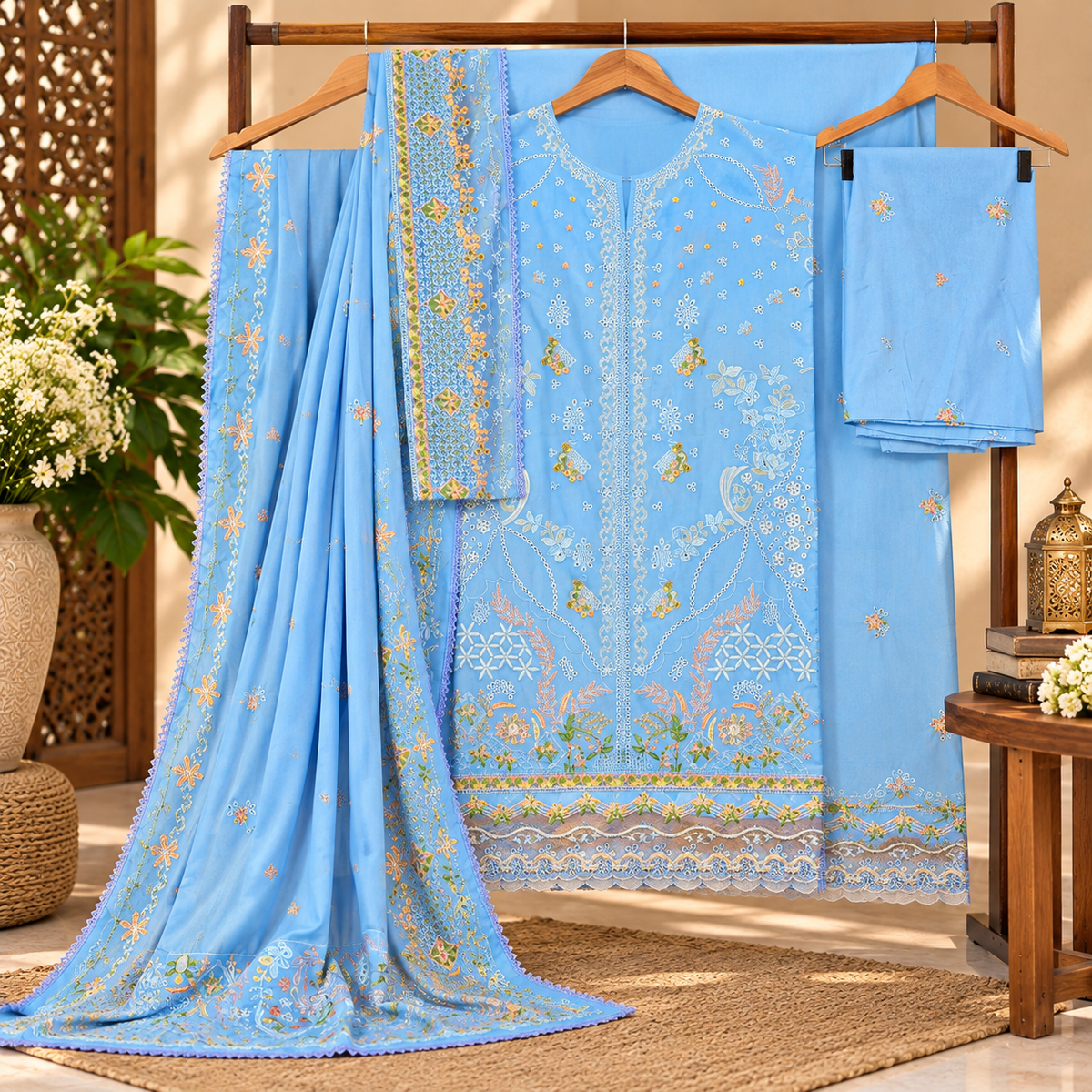 Sky Blue Embroidered 3-Piece Unstitched Suit – Winter Collection