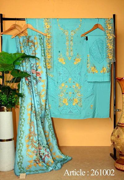 Premium Embroidered 3-Piece UnStitched Suit | Turquoise Blue